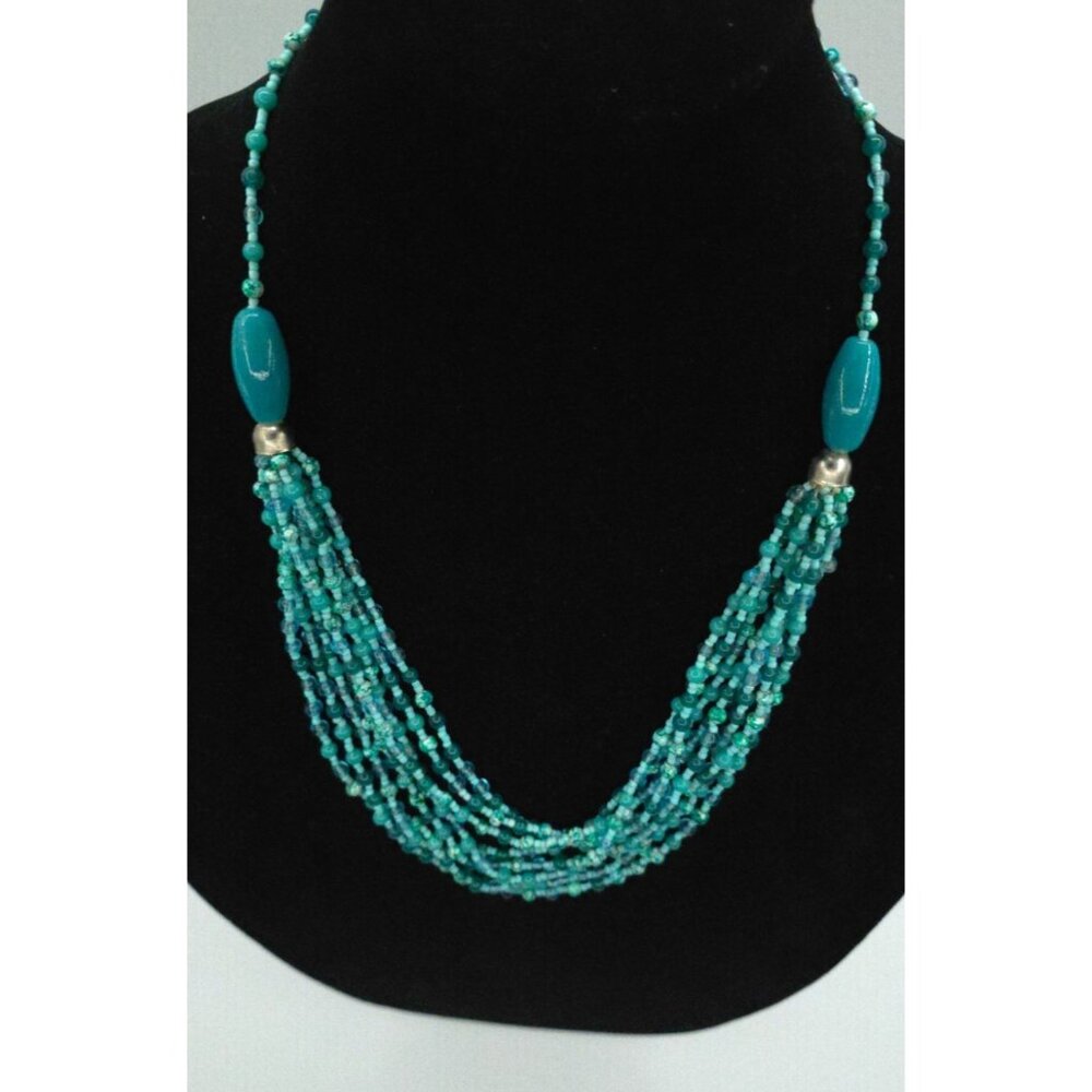 Turquoise Teal Multi Strand Seed Bead Tassel Necklace With Accent Stones